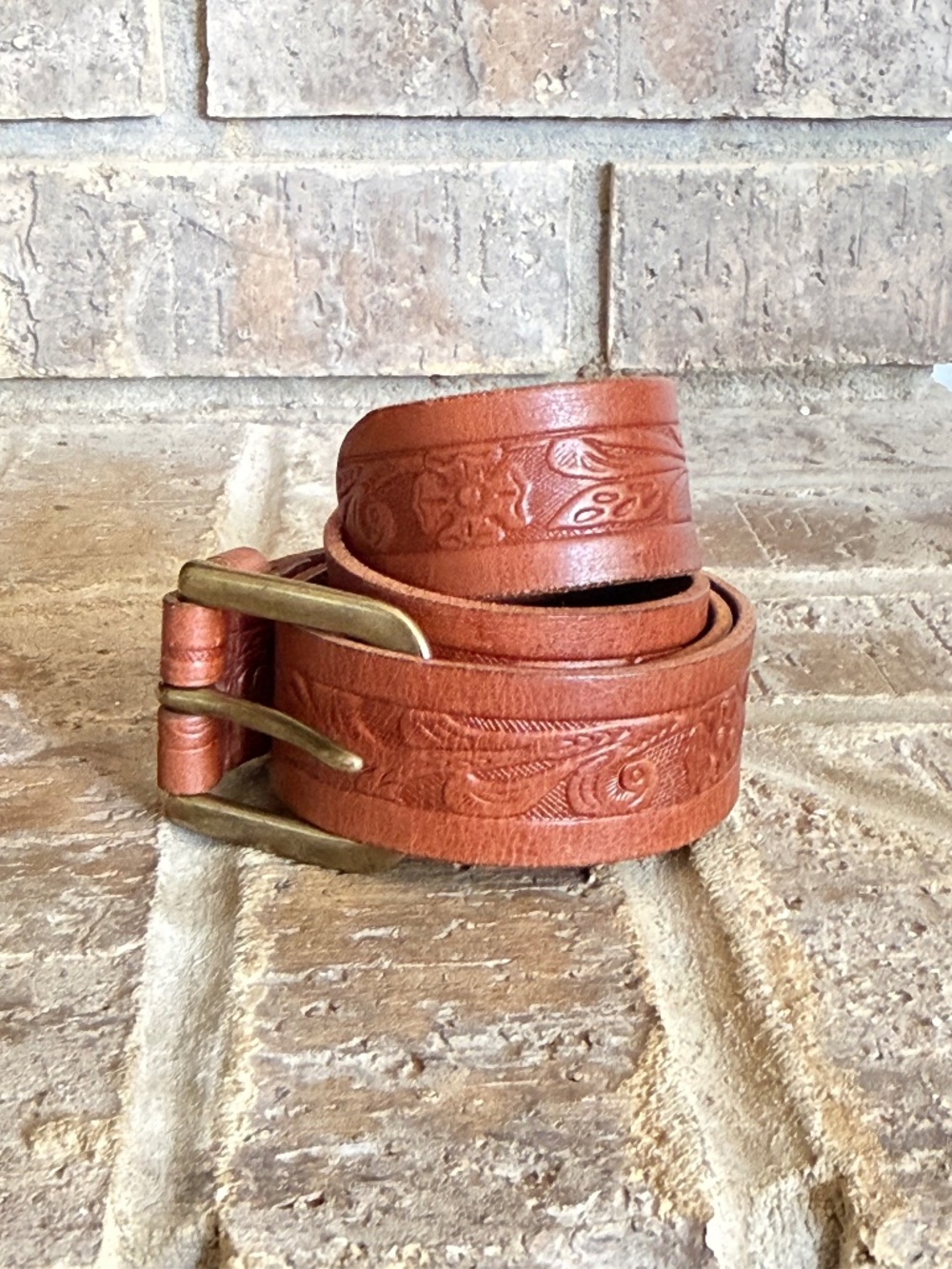 Vintage Ralph Lauren Tooled Leather Belt – Brown Floral Western Embossed Brass